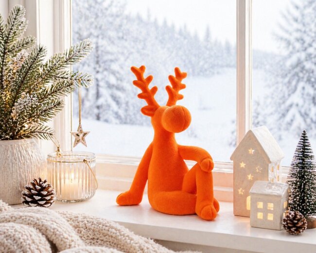 Dekofigur sitzender Elch Samt orange
