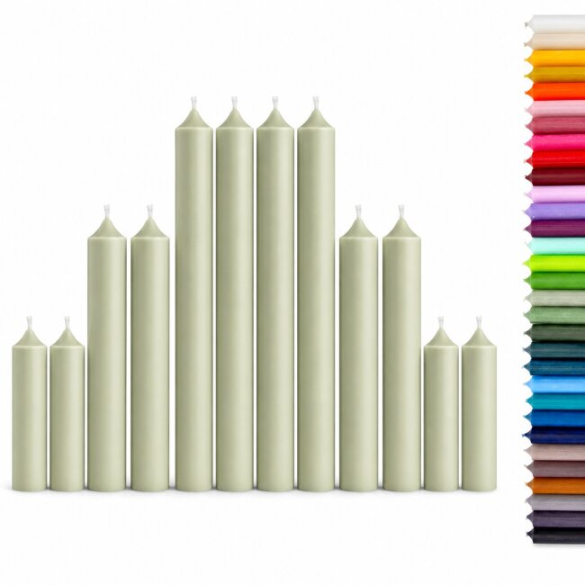 Stabkerzen Set Salbei-Gr&uuml;n &ndash; 3 Gr&ouml;&szlig;en (25, 18 &amp; 10 cm) &ndash; 12 St&uuml;ck
