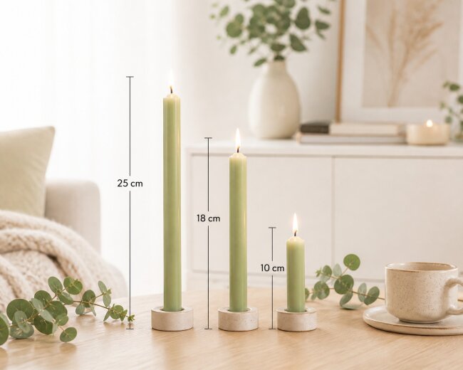 Stabkerzen Set Salbei-Gr&uuml;n &ndash; 3 Gr&ouml;&szlig;en (25, 18 &amp; 10 cm) &ndash; 12 St&uuml;ck