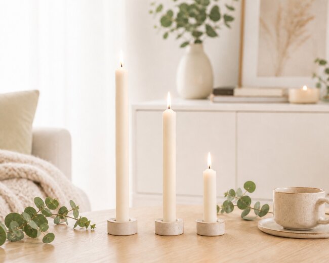 Stabkerzen Set Creme / Elfenbein &ndash; 3 Gr&ouml;&szlig;en (25, 18 &amp; 10 cm) &ndash; 12 St&uuml;ck