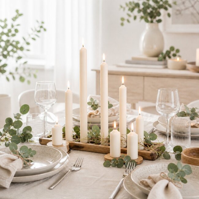 Stabkerzen Set Creme / Elfenbein &ndash; 3 Gr&ouml;&szlig;en (25, 18 &amp; 10 cm) &ndash; 12 St&uuml;ck
