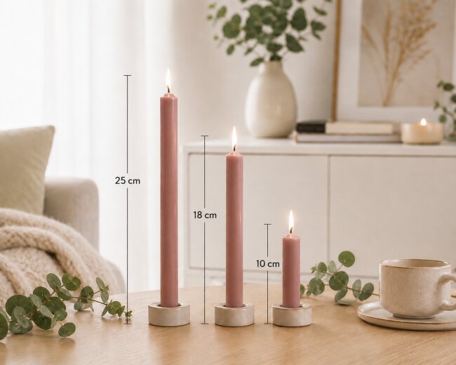 Stabkerzen Set Altrosa &ndash; 3 Gr&ouml;&szlig;en (25, 18 &amp; 10 cm) &ndash; 12 St&uuml;ck