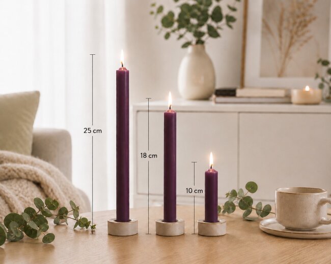 Stabkerzen Set Aubergine &ndash; 3 Gr&ouml;&szlig;en (25, 18 &amp; 10 cm) &ndash; 12 St&uuml;ck