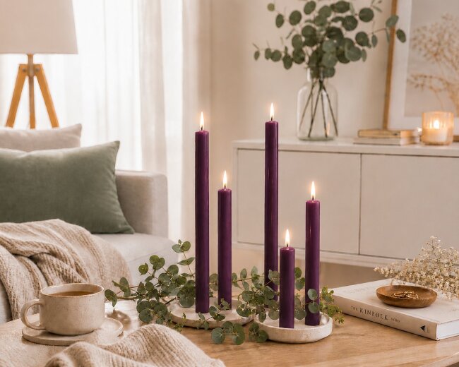 Stabkerzen Set Aubergine &ndash; 3 Gr&ouml;&szlig;en (25, 18 &amp; 10 cm) &ndash; 12 St&uuml;ck