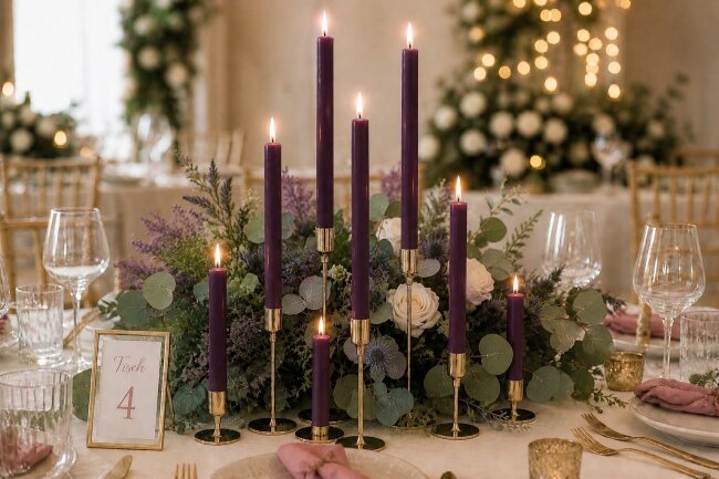 Stabkerzen Set Aubergine &ndash; 3 Gr&ouml;&szlig;en (25, 18 &amp; 10 cm) &ndash; 12 St&uuml;ck