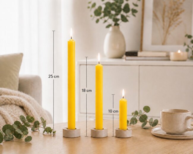 Stabkerzen Set Gelb &ndash; 3 Gr&ouml;&szlig;en (25, 18 &amp; 10 cm) &ndash; 12 St&uuml;ck