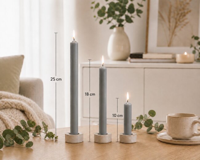 Stabkerzen Set Grau &ndash; 3 Gr&ouml;&szlig;en (25, 18 &amp; 10 cm) &ndash; 12 St&uuml;ck