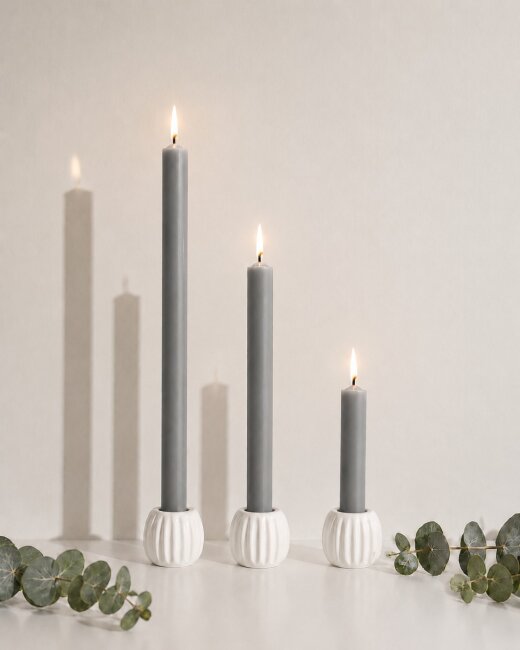 Stabkerzen Set Grau &ndash; 3 Gr&ouml;&szlig;en (25, 18 &amp; 10 cm) &ndash; 12 St&uuml;ck