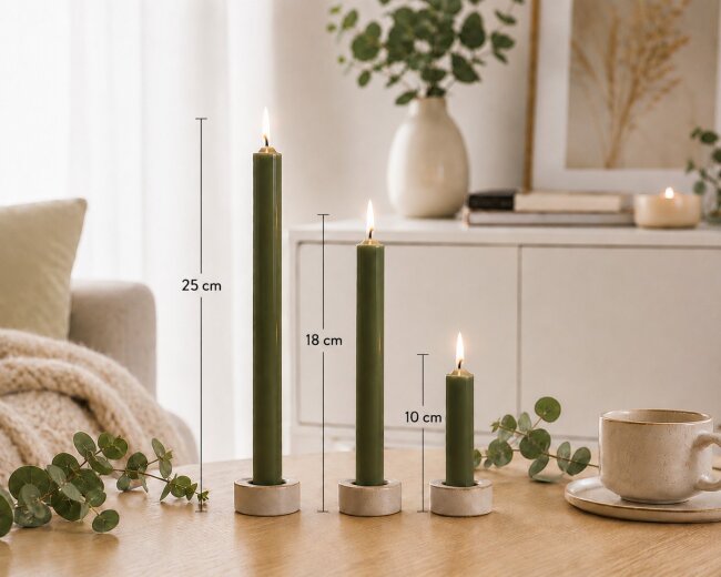 Stabkerzen Set Olivgr&uuml;n &ndash; 3 Gr&ouml;&szlig;en (25, 18 &amp; 10 cm) &ndash; 12 St&uuml;ck
