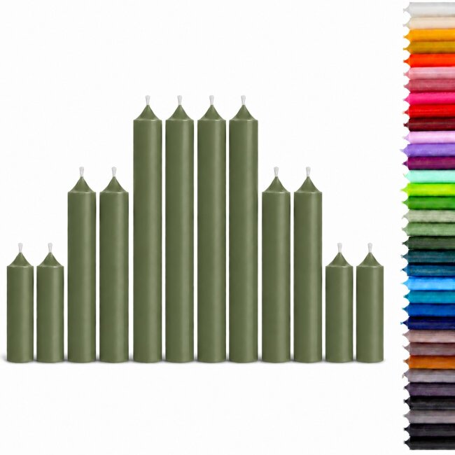 Stabkerzen Set Olivgr&uuml;n &ndash; 3 Gr&ouml;&szlig;en (25, 18 &amp; 10 cm) &ndash; 12 St&uuml;ck