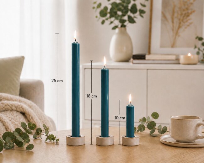 Stabkerzen Set Petrol / Ozean-Blau &ndash; 3 Gr&ouml;&szlig;en (25, 18 &amp; 10 cm) &ndash; 12 St&uuml;ck