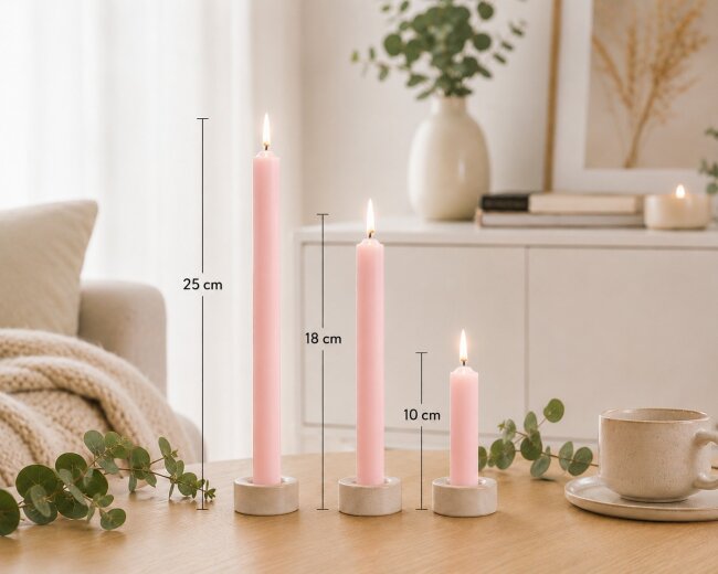 Stabkerzen Set Pastell-Rosa &ndash; 3 Gr&ouml;&szlig;en (25, 18 &amp; 10 cm) &ndash; 12 St&uuml;ck