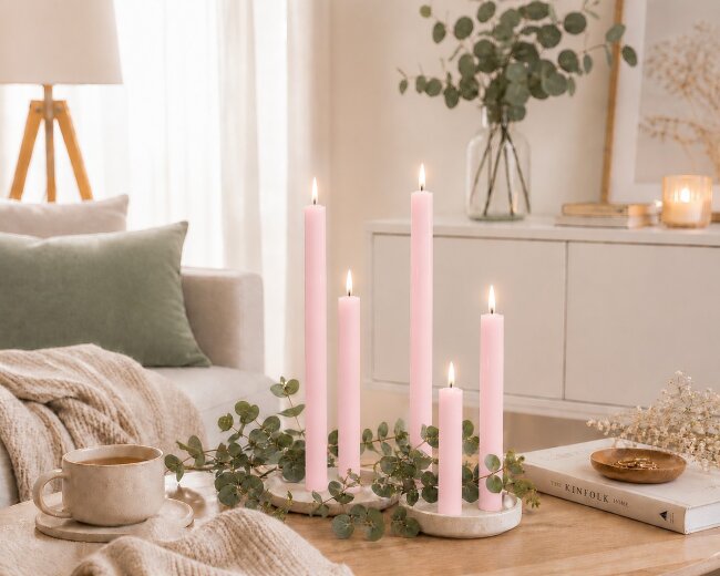 Stabkerzen Set Pastell-Rosa &ndash; 3 Gr&ouml;&szlig;en (25, 18 &amp; 10 cm) &ndash; 12 St&uuml;ck