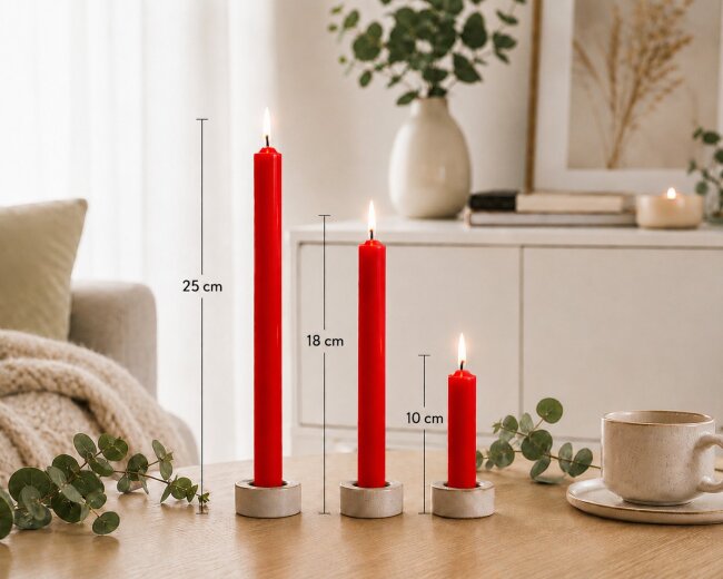 Stabkerzen Set Rot &ndash; 3 Gr&ouml;&szlig;en (25, 18 &amp; 10 cm) &ndash; 12 St&uuml;ck