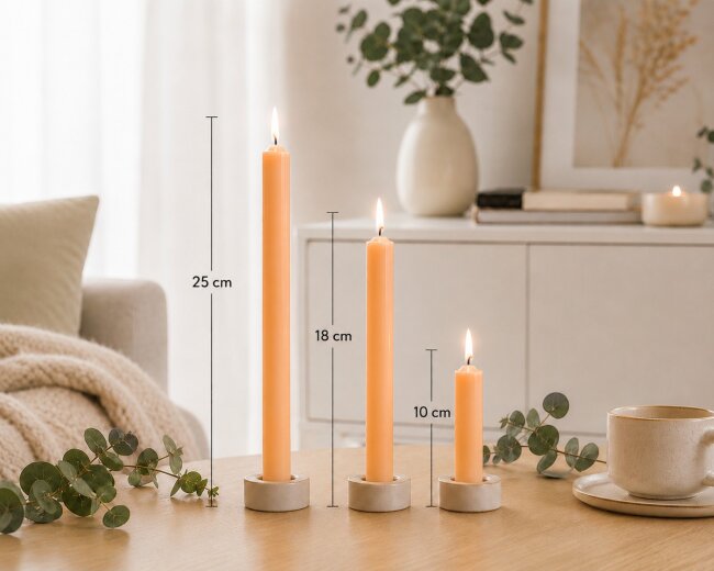 Stabkerzen Set Apricot / Mandarine &ndash; 3 Gr&ouml;&szlig;en (25, 18 &amp; 10 cm) &ndash; 12 St&uuml;ck