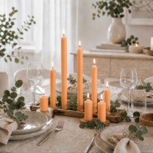 Stabkerzen Set Apricot / Mandarine &ndash; 3 Gr&ouml;&szlig;en (25, 18 &amp; 10 cm) &ndash; 12 St&uuml;ck