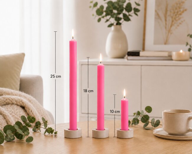 Stabkerzen Set Pink &ndash; 3 Gr&ouml;&szlig;en (25, 18 &amp; 10 cm) &ndash; 12 St&uuml;ck