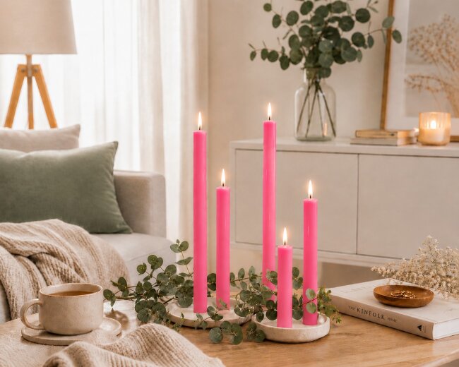 Stabkerzen Set Pink &ndash; 3 Gr&ouml;&szlig;en (25, 18 &amp; 10 cm) &ndash; 12 St&uuml;ck