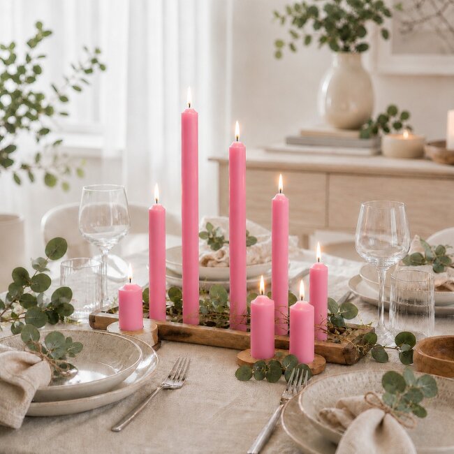 Stabkerzen Set Pink &ndash; 3 Gr&ouml;&szlig;en (25, 18 &amp; 10 cm) &ndash; 12 St&uuml;ck