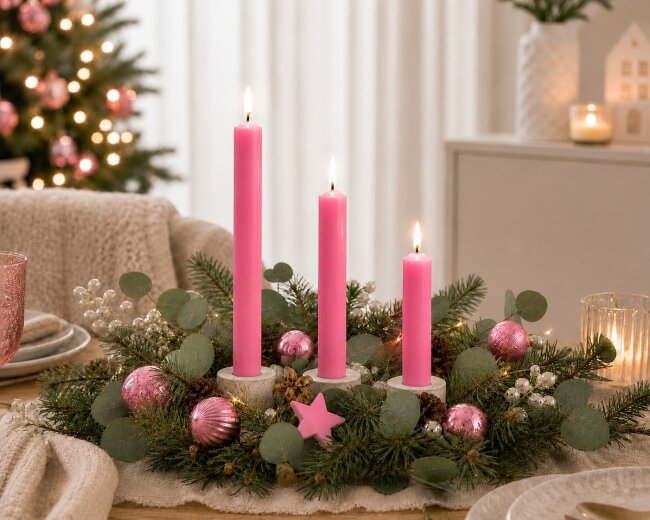 Stabkerzen Set Pink &ndash; 3 Gr&ouml;&szlig;en (25, 18 &amp; 10 cm) &ndash; 12 St&uuml;ck