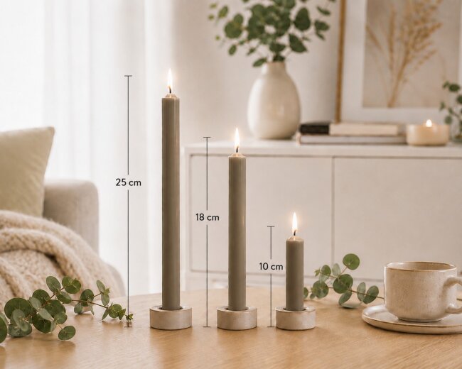 Stabkerzen Set Braun (Schlamm) &ndash; 3 Gr&ouml;&szlig;en (25, 18 &amp; 10 cm) &ndash; 12 St&uuml;ck