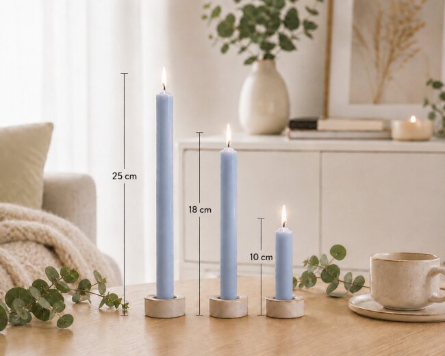 Stabkerzen Set Taubenblau &ndash; 3 Gr&ouml;&szlig;en (25, 18 &amp; 10 cm) &ndash; 12 St&uuml;ck