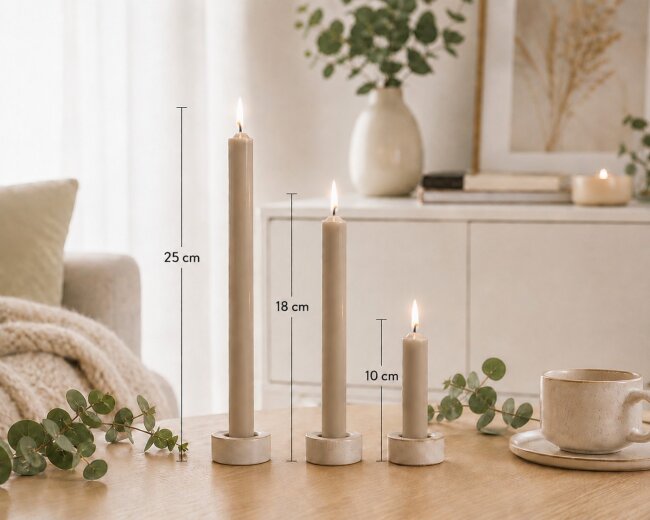 Stabkerzen Set Taupe &ndash; 3 Gr&ouml;&szlig;en (25, 18 &amp; 10 cm) &ndash; 12 St&uuml;ck