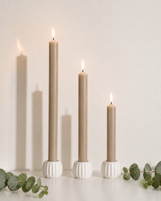 Stabkerzen Set Taupe &ndash; 3 Gr&ouml;&szlig;en (25, 18 &amp; 10 cm) &ndash; 12 St&uuml;ck