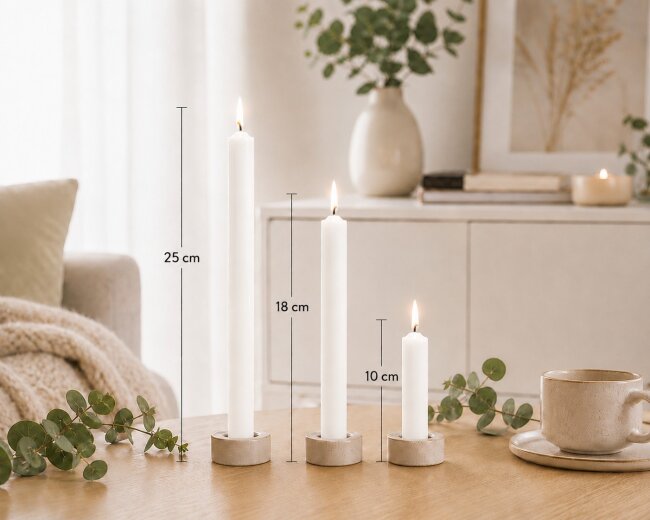 Stabkerzen Set Wei&szlig; &ndash; 3 Gr&ouml;&szlig;en (25, 18 &amp; 10 cm) &ndash; 12 St&uuml;ck