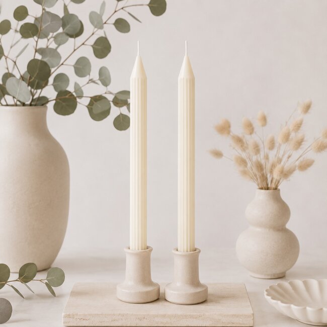 Rillenkerzen Creme / Elfenbein &ndash; Gerillte Stabkerzen 25 cm &ndash; &Oslash; 2,2 cm &ndash; 2 Stk.