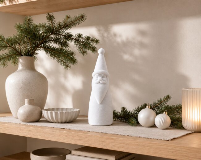 Dekofigur Santa aus Samt in Wei&szlig; H 30 cm