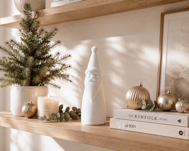 Dekofigur Santa aus Samt in Wei&szlig; H 30 cm