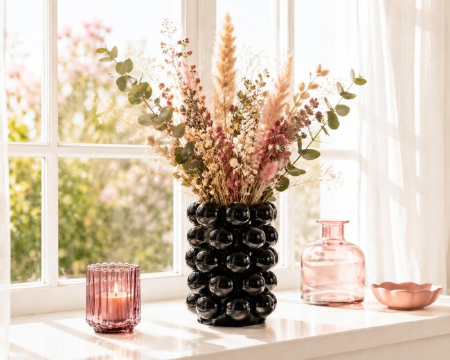 Blumenvase Bubble Schwarz aus Porzellan &ndash; Moderne Designvase mit Kugelstruktur &ndash; 17 cm