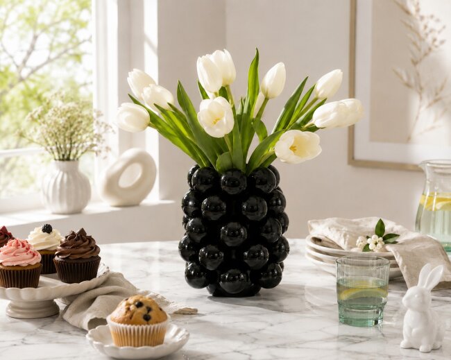 Blumenvase Bubble Schwarz aus Porzellan &ndash; Moderne Designvase mit Kugelstruktur &ndash; 17 cm
