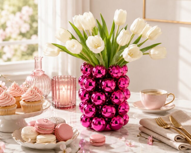 Blumenvase Bubble Pink aus Porzellan &ndash; Moderne Designvase mit Kugelstruktur &ndash; 17 cm