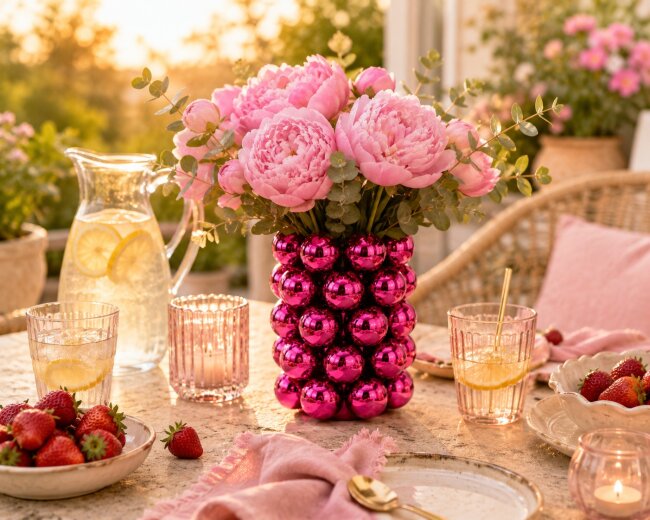 Blumenvase Bubble Pink aus Porzellan &ndash; Moderne Designvase mit Kugelstruktur &ndash; 17 cm