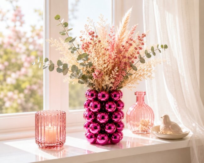 Blumenvase Bubble Pink aus Porzellan &ndash; Moderne Designvase mit Kugelstruktur &ndash; 17 cm