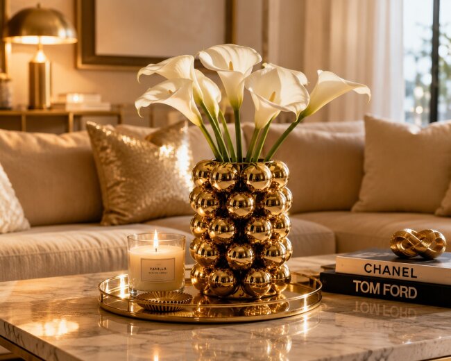 Blumenvase Bubble Gold aus Porzellan &ndash; Moderne Designvase mit Kugelstruktur &ndash; 17 cm