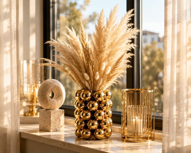 Blumenvase Bubble Gold aus Porzellan &ndash; Moderne Designvase mit Kugelstruktur &ndash; 17 cm