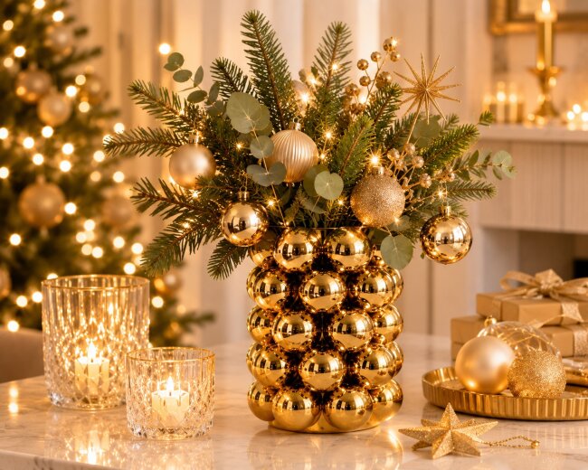 Blumenvase Bubble Gold aus Porzellan &ndash; Moderne Designvase mit Kugelstruktur &ndash; 17 cm