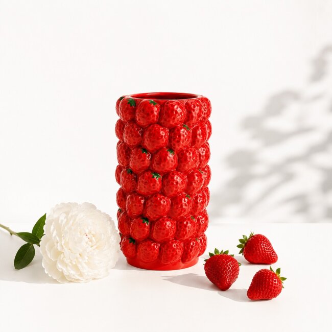 Blumenvase Erdbeeren aus Keramik &ndash; Dekovase 19 cm