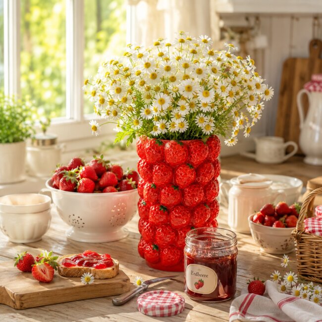 Blumenvase Erdbeeren aus Keramik &ndash; Dekovase 19 cm