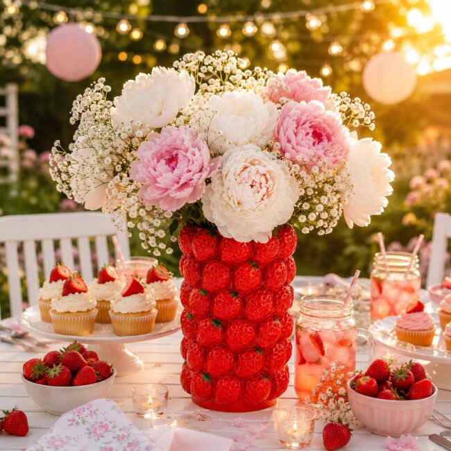 Blumenvase Erdbeeren aus Keramik &ndash; Dekovase 19 cm