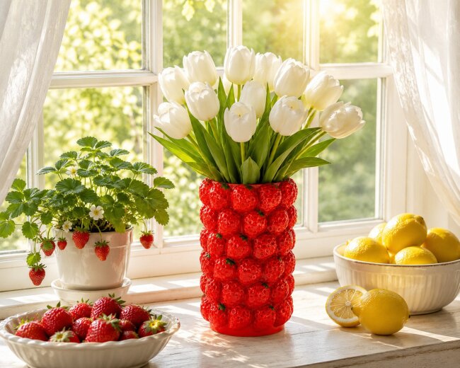 Blumenvase Erdbeeren aus Keramik &ndash; Dekovase 19 cm