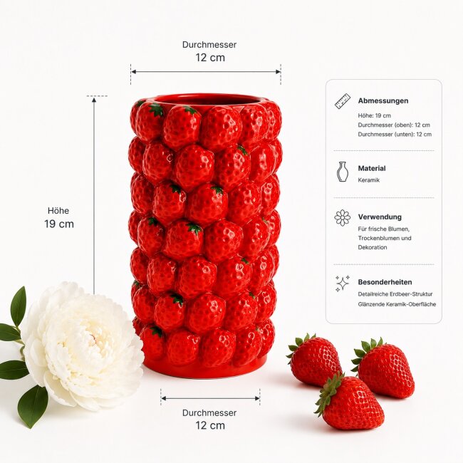 Blumenvase Erdbeeren aus Keramik &ndash; Dekovase 19 cm