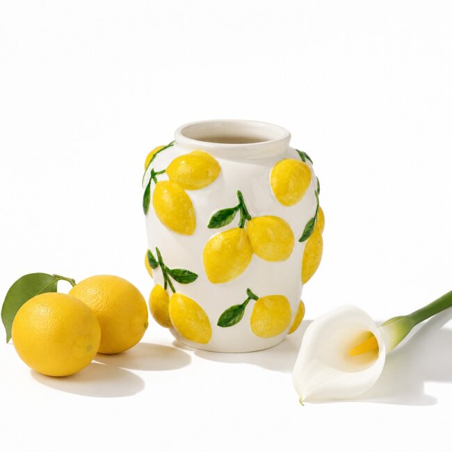 Keramikvase Zitronen &ndash; Blumenvase 17 cm mit mediterranem Zitronenmotiv