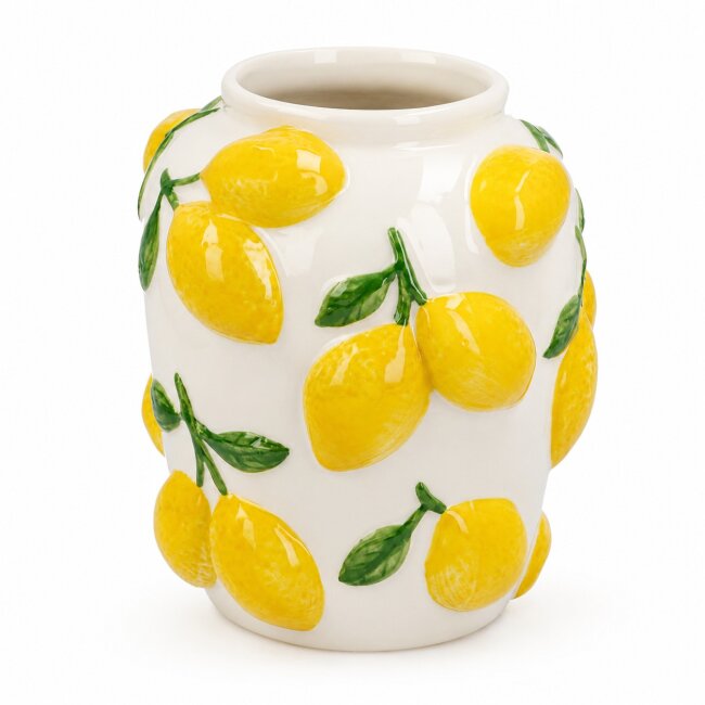 Keramikvase Zitronen &ndash; Blumenvase 17 cm mit mediterranem Zitronenmotiv