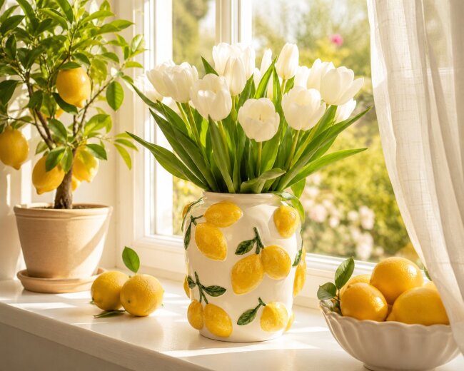 Keramikvase Zitronen &ndash; Blumenvase 17 cm mit mediterranem Zitronenmotiv