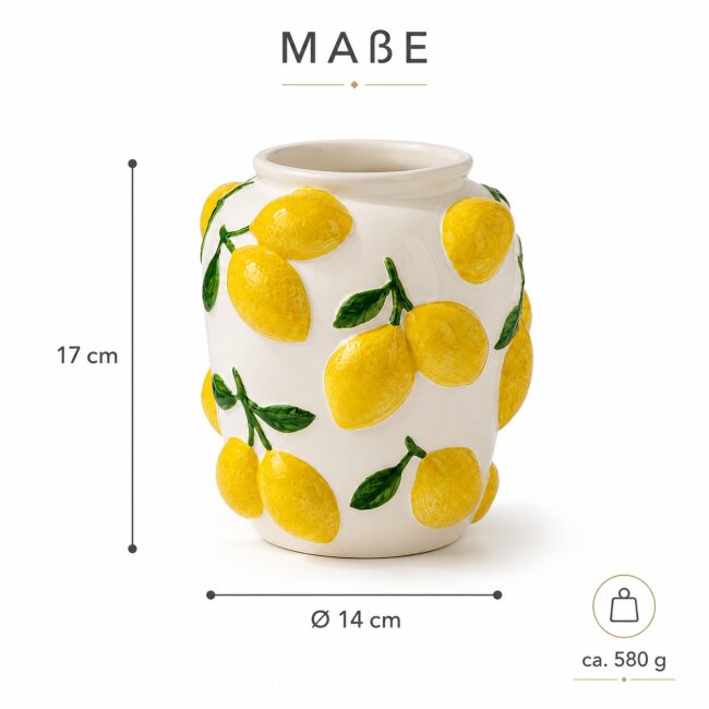 Keramikvase Zitronen &ndash; Blumenvase 17 cm mit mediterranem Zitronenmotiv