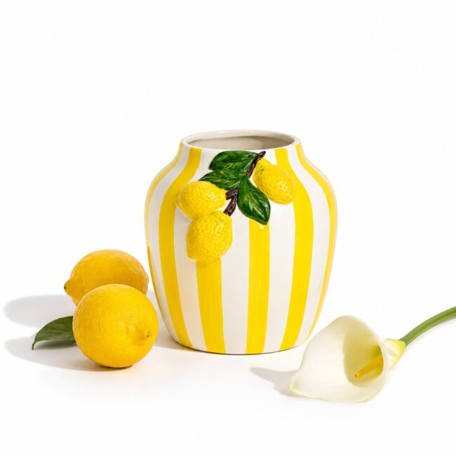 Keramikvase Zitronen &amp; Streifen &ndash; Blumenvase 17 cm im mediterranen Design